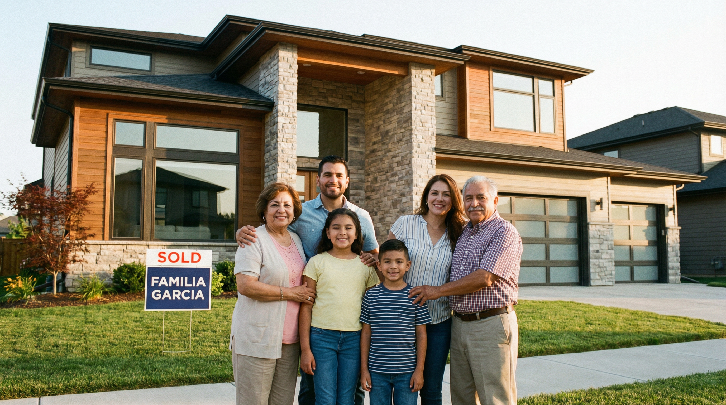 Happy Latino family standing in front of their new home